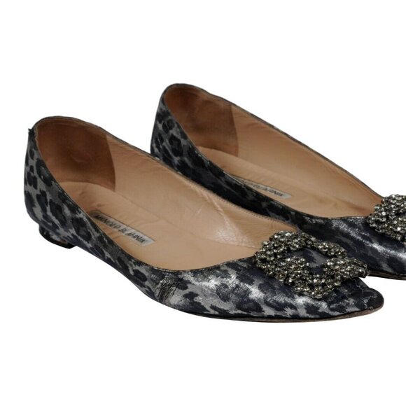 Manolo Blahnik Womens Hangisi Flats 7.5 EU 37.5 Gray Black Leopard Crystal - Picture 1 of 12